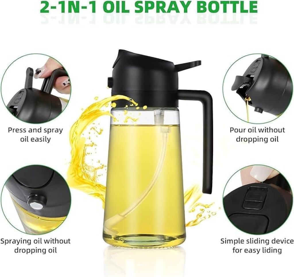 2-in-1 Oil Spray Bottle – Glass Oil Dispenser with Sprayer & Pourer