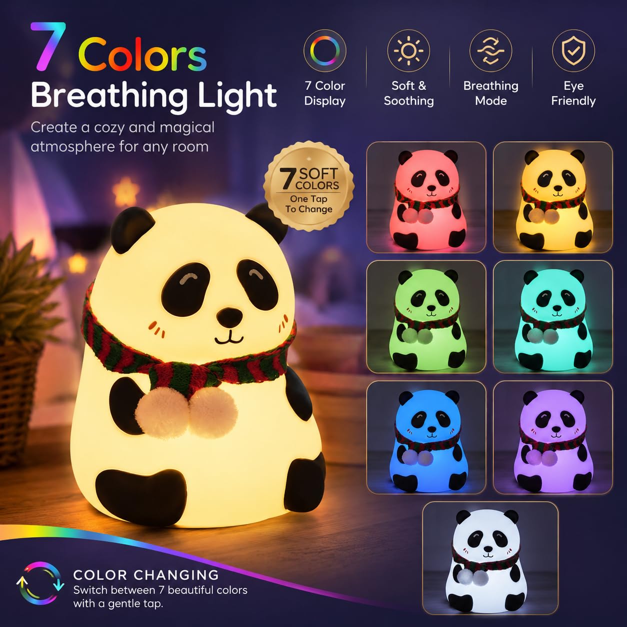 7-Colour Silicone Panda Night Lamp – USB Rechargeable Kids LED Night Light