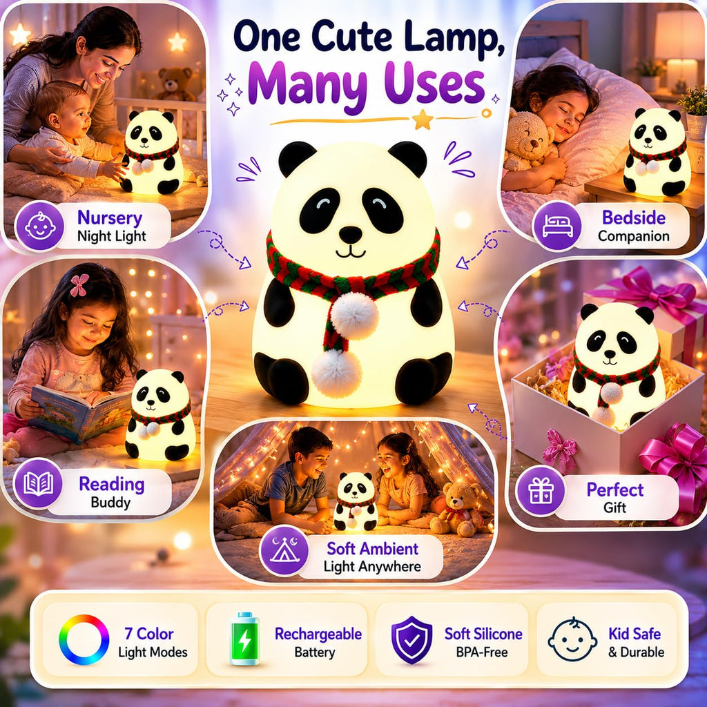 7-Colour Silicone Panda Night Lamp – USB Rechargeable Kids LED Night Light
