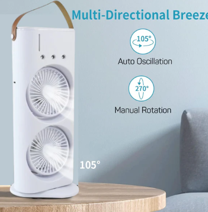 3-in-1 Humidifier Fan with Triple Spray Heads, Dual Motor & 120° Rotation