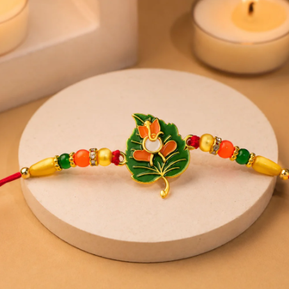 Tulsi Leaf Spiritual Rakhi – Sacred Om Raksha Bandhan Gift for Brother
