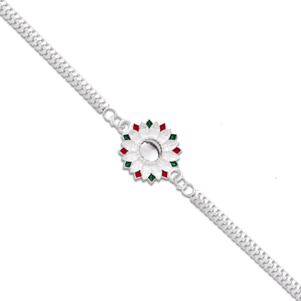 Silver Meenakari Floral Rakhi – Elegant Traditional Raksha Bandhan Gift for Brother