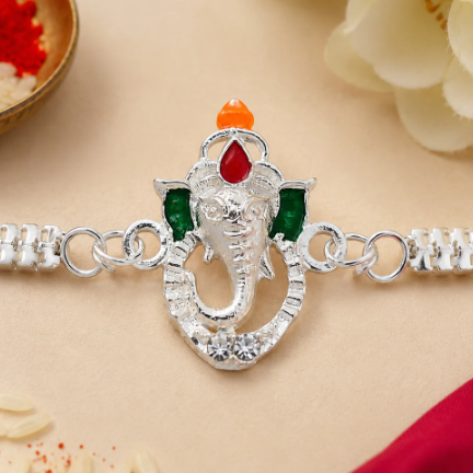 Ganesha Enamel Chain Rakhi – Devotional Raksha Bandhan Gift for Brother