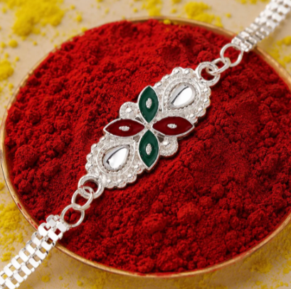 Floral Red Green Enamel Rakhi – Traditional Raksha Bandhan Gift for Brother