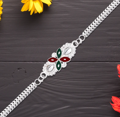 Floral Red Green Enamel Rakhi – Traditional Raksha Bandhan Gift for Brother