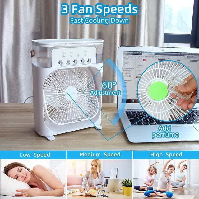 Portable Mini Air Cooler with 7-Colour LED Light | 3 Speeds & Spray Modes