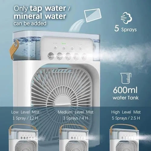 Portable Mini Air Cooler with 7-Colour LED Light | 3 Speeds & Spray Modes
